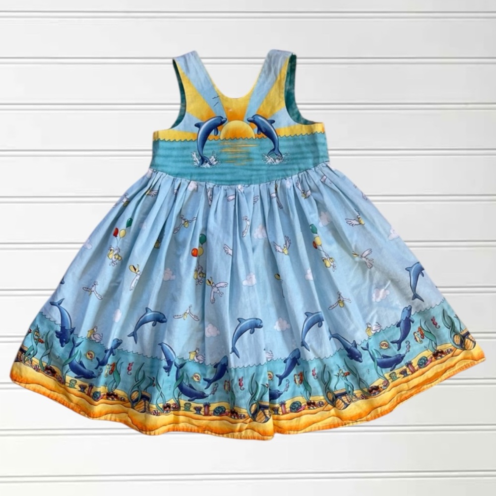 VINTAGE 80s HANDMADE EUC 1 of a Kind Whimsical Dolphin Ocean Theme Dress